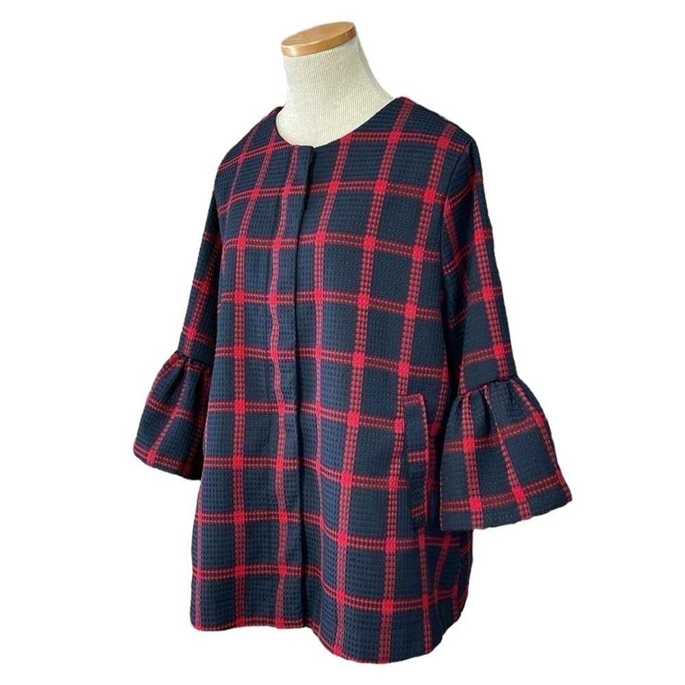 Entro Jacket Women's M Medium Blue Red Plaid Flare Sleeves Waffle Full Zip - Picture 3 of 16